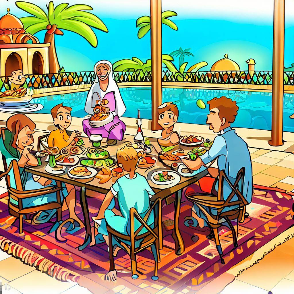 Family eating by Moroccan poolside